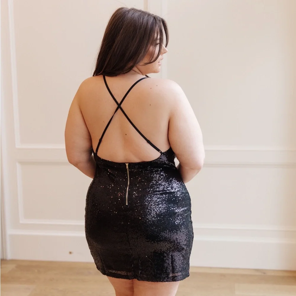 Black Sequin Cowl Neck Crisscross Back Mini Dress - Picture 3 of 6